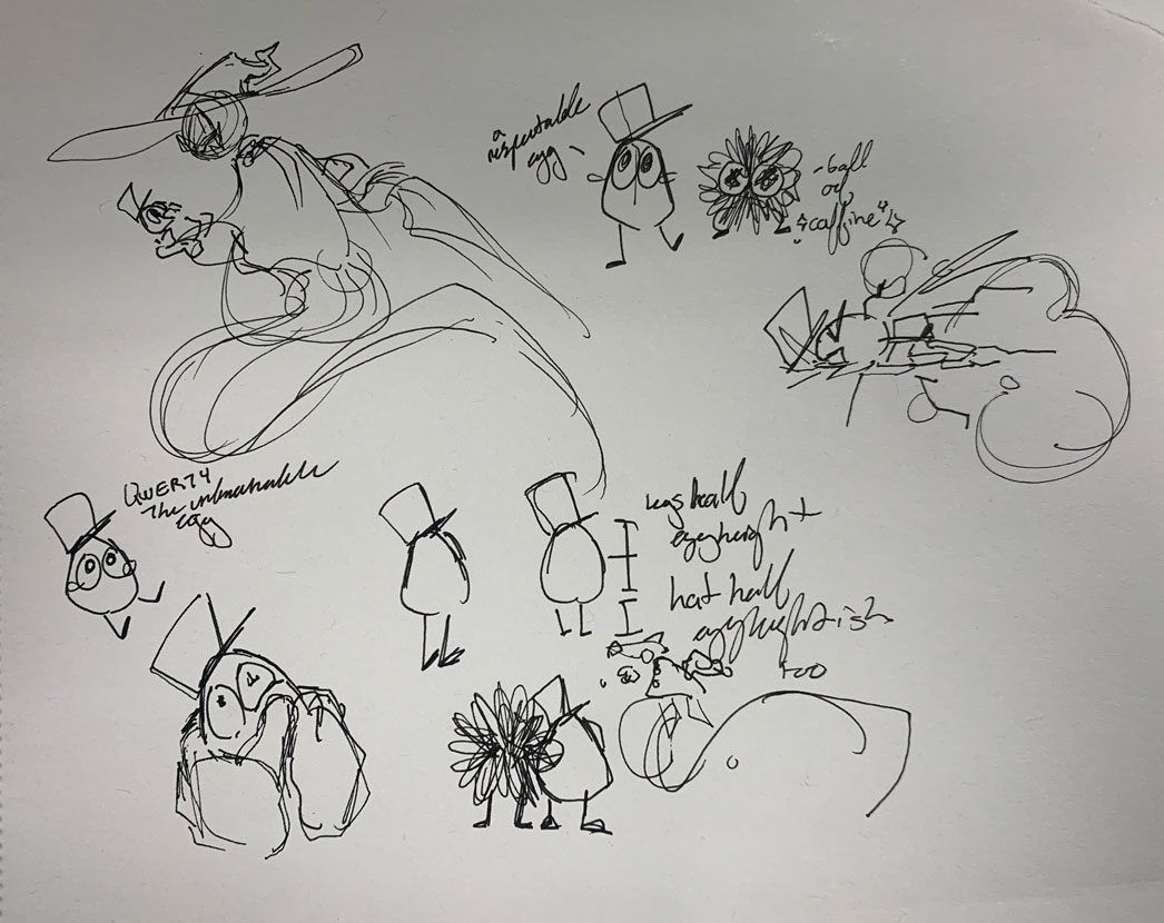 Sketches of Querty the unbreakable egg and sketches of the Wizard holding him