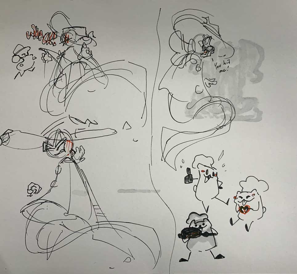 sketches of the Wizard getting smacked in the face with a frying pan